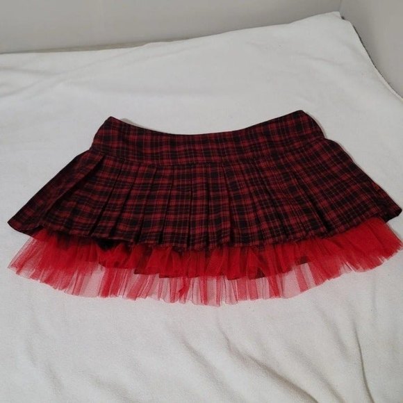 Tripp Royal Bones Plaid Mini Skirt Tulle tutu pleated red black y2k goth l - Picture 4 of 11